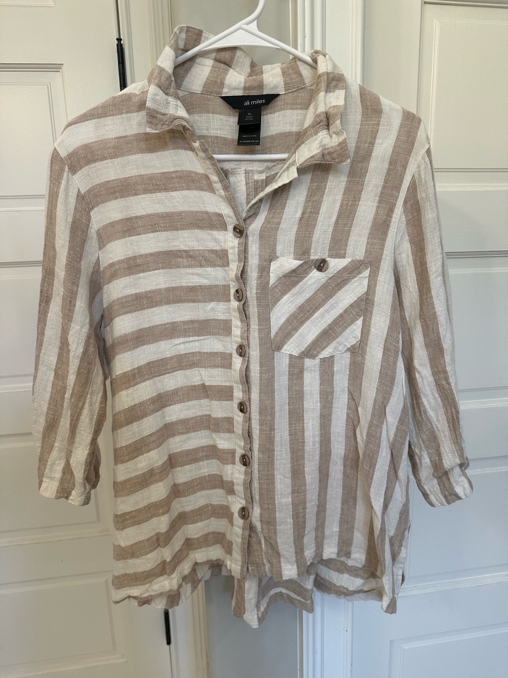 Ali Miles Womens Large Petite Tan Striped Linen Blend Button Up Shirt Lagenlook